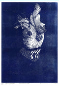 A blue and white linocut or woodcut-style artwork showing a stylized human head in profile against a dark blue background, with visible print texture and small signature text along the bottom margin.