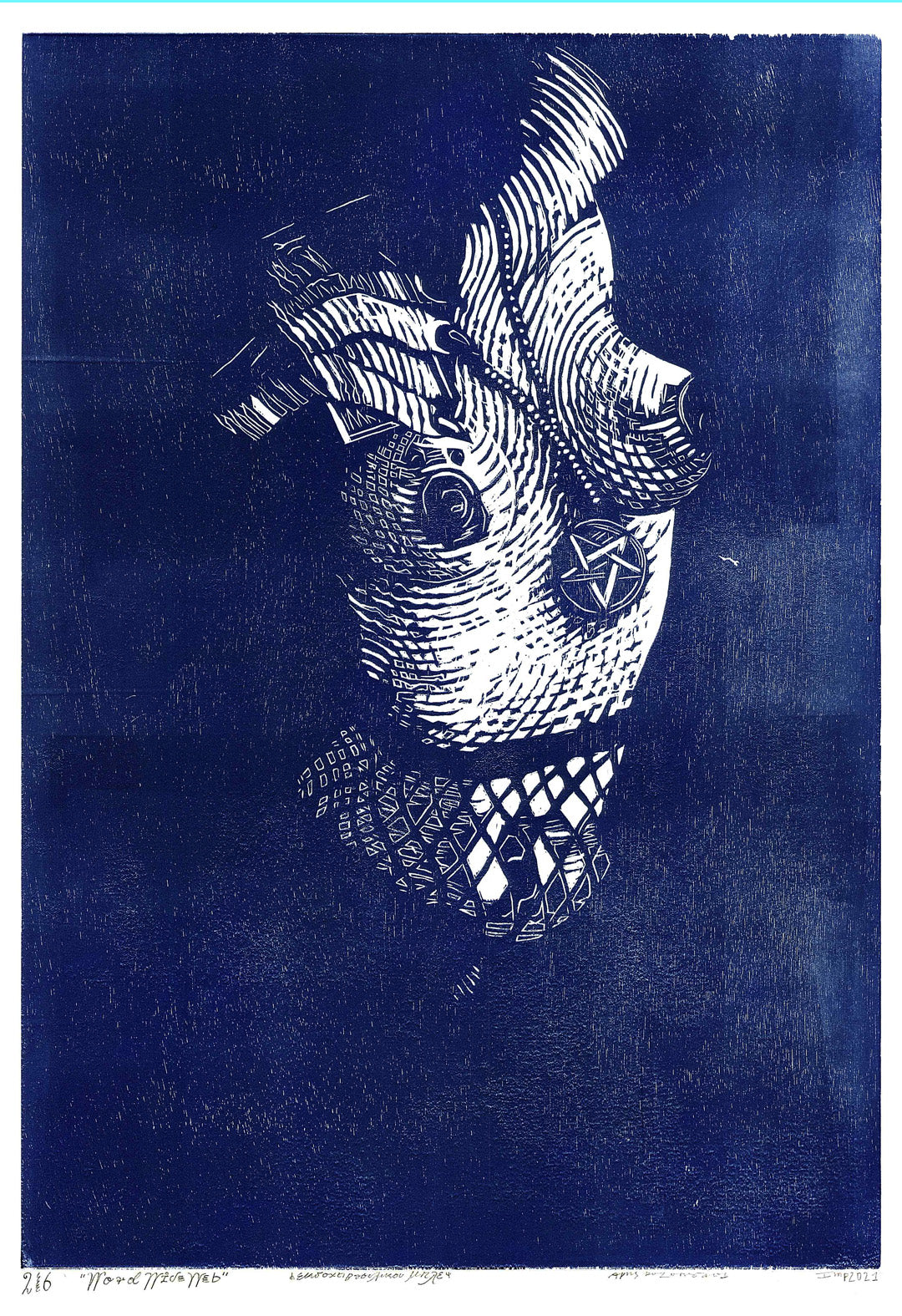 A blue and white linocut or woodcut-style artwork showing a stylized human head in profile against a dark blue background, with visible print texture and small signature text along the bottom margin.