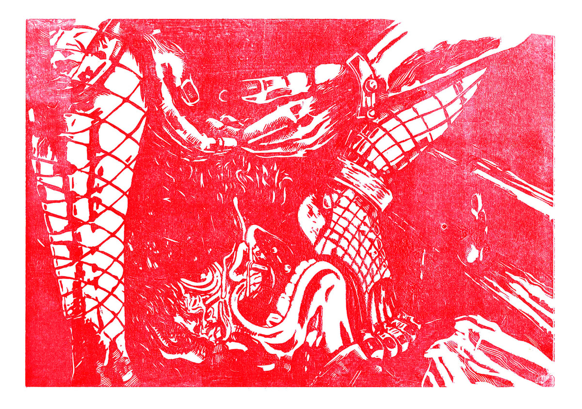 Woodcuts aisthetic showing a close up of a face between two feet. One character is squatting on top of the others face and they are wearing a fisnnet and ankle cufs