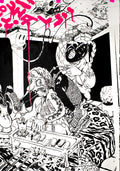 Comic scene depicting two human characters and two cats. The humans are having a music jam while the one on top of the other's shoulders the cats are cozy on the ceiling.the lettering writes Dystyxia kai Kaula with pink luo dripping letters