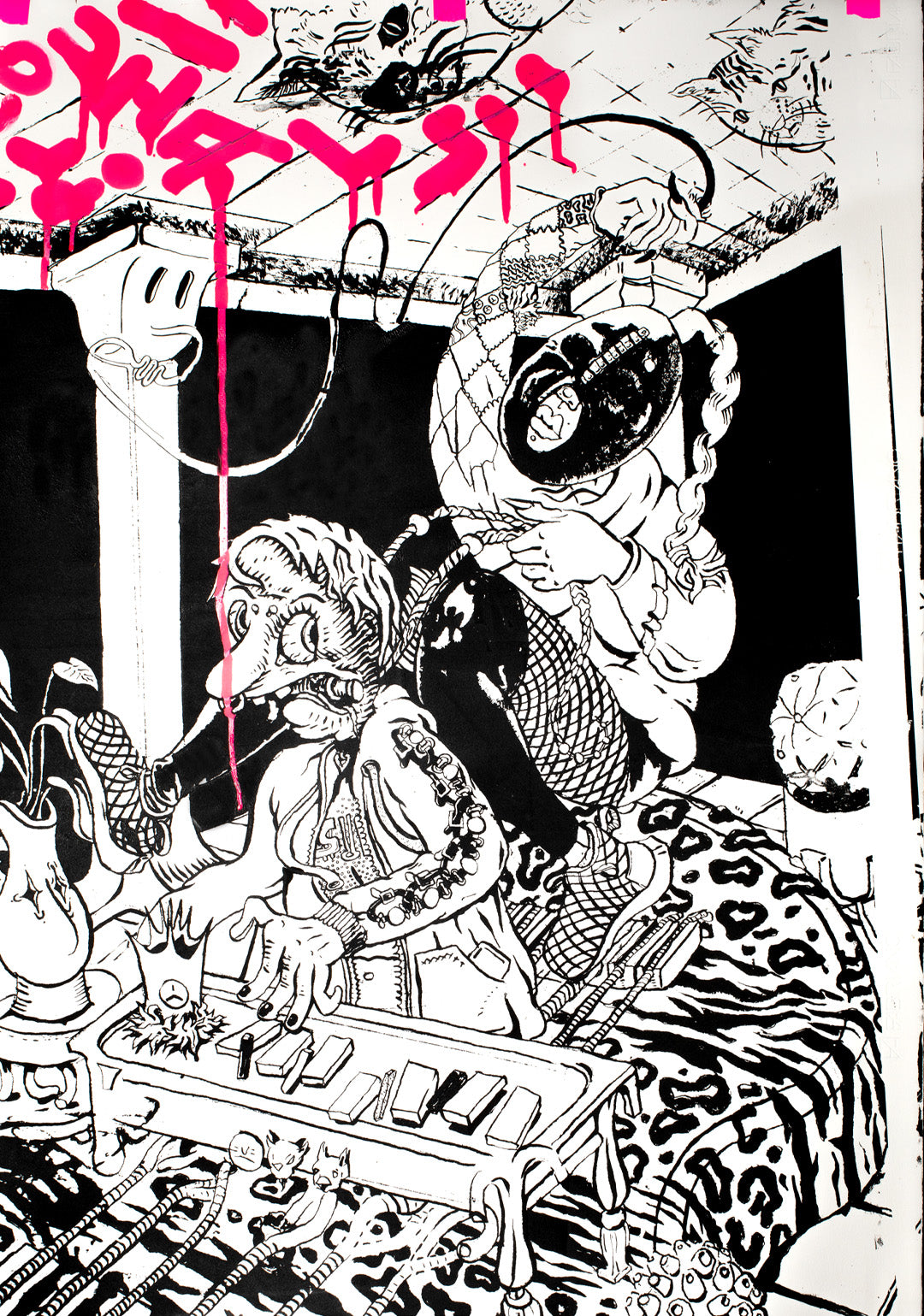 Comic scene depicting two human characters and two cats. The humans are having a music jam while the one on top of the other's shoulders the cats are cozy on the ceiling.the lettering writes Dystyxia kai Kaula with pink luo dripping letters