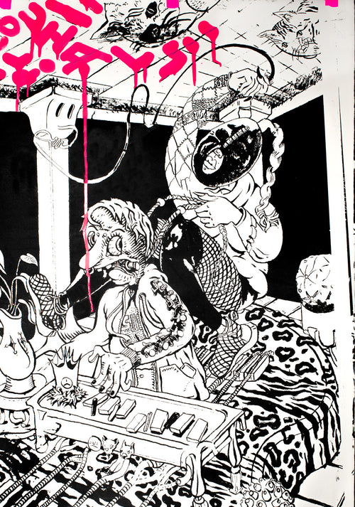 Comic scene depicting two human characters and two cats. The humans are having a music jam while the one on top of the other's shoulders the cats are cozy on the ceiling.the lettering writes Dystyxia kai Kaula with pink luo dripping letters