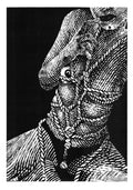 A black and white woodcut-style art print depicting a close-up portrait of a man's face and neck bound with ropes, set against a dark background.
