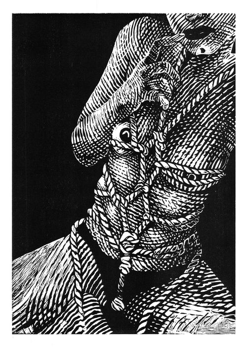 A black and white woodcut-style art print depicting a close-up portrait of a man's face and neck bound with ropes, set against a dark background.